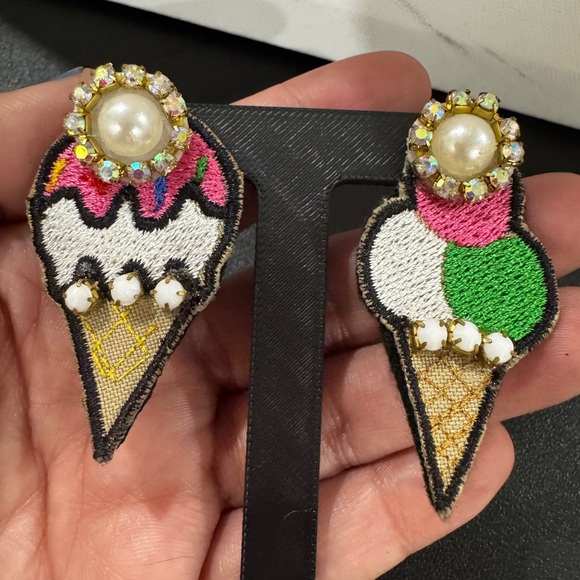 Handmade Ice Cream Cone Earrings Embroidered Beaded Statement Dangle Studs - Picture 3 of 4